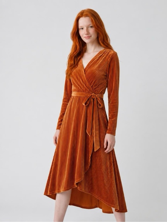 Simplee Apparel Dresses & Skirts - Simplee Pleated Velvet Wrap Maxi Dress Rust Orange High-Low Medium